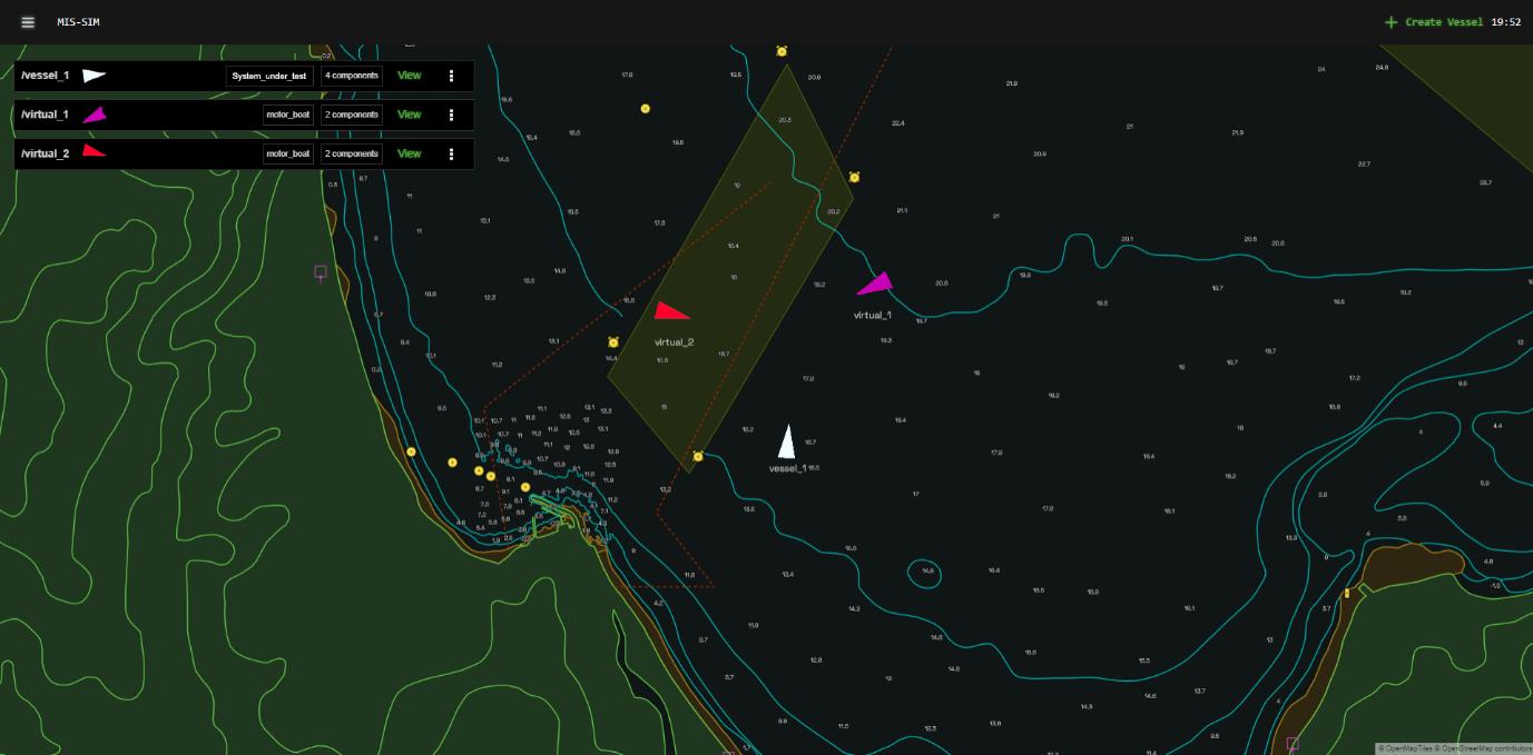 Screenshot of a MIS-SIM chart interface representing a complex navigation task involving a vessel and two simulated, or virtual, vessels.