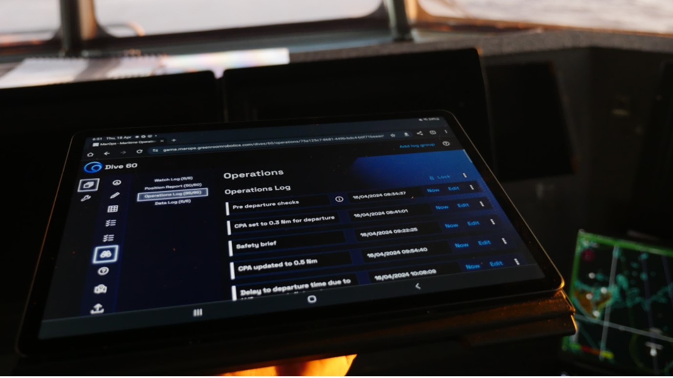 Greenroom's MarOps software displayed on a handheld tablet