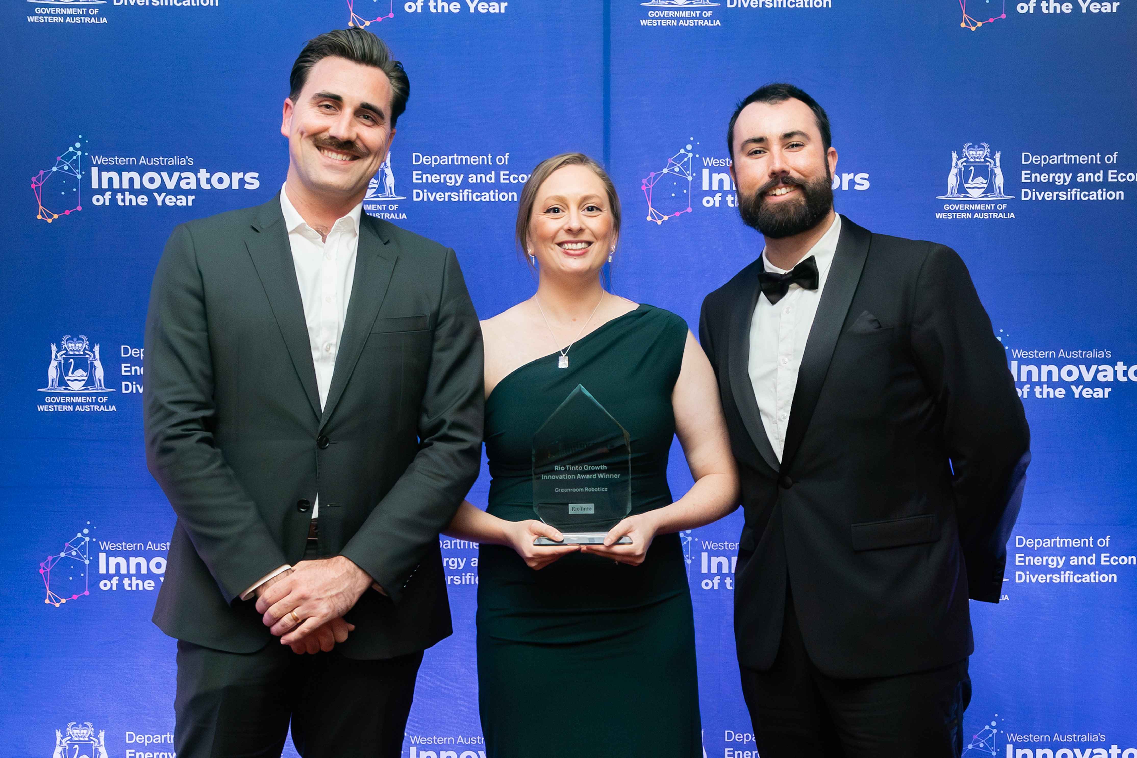 Accepting the award on behalf of Greenroom Robotics – GM of Growth, Peter Baker; Business Support Coordinator, Yvonne Artis; and Robotics Engineer, Leon McEniery.