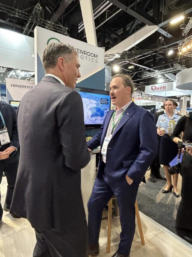 Deputy Prime Minister and Minister for Defence, the Hon Richard Marles MP being briefed
  by the Greenroom Robotics CTO, Harry Hubbert.