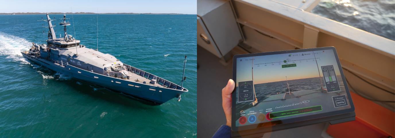 Left: The sentinel (a large patrol boat) at sea. Right: The hand of a Greenroom Robotics employee holding a tablet which is controlling the Sentinel through GAMA.