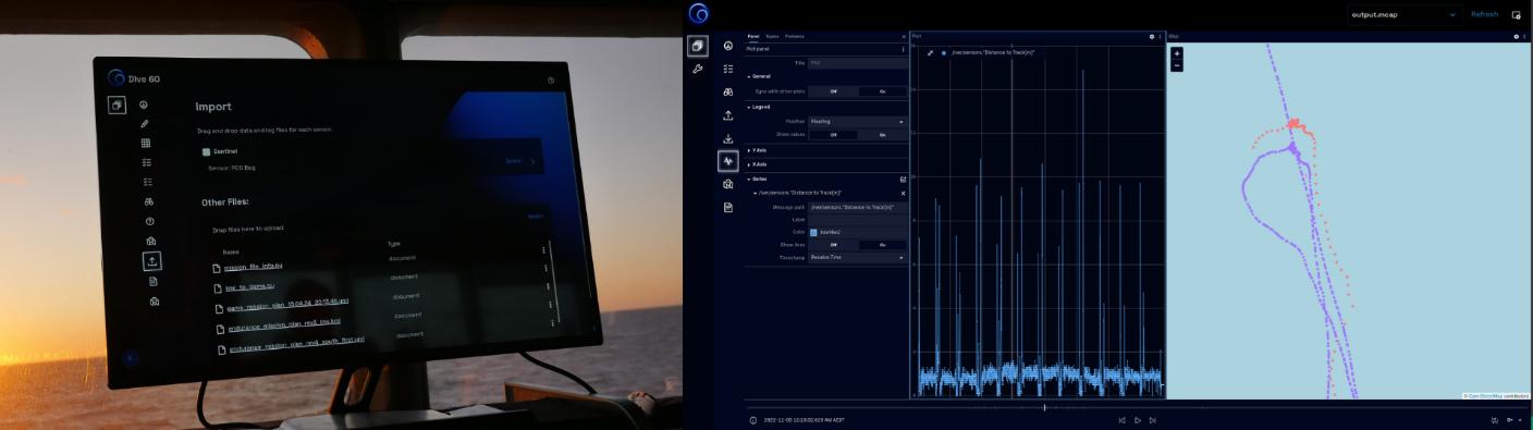 Left: A computer monitor with the MarOps UI displayed. Right: A screenshot of the data visualization engine in MarOps.