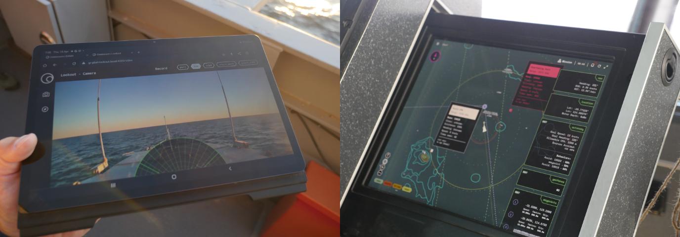 Left: A tablet with the Lookout+ UI displayed. Right: An on-ship computer running Lookout+.