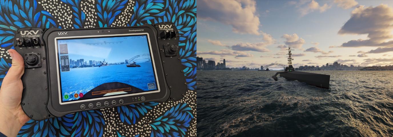 Left: A tablet/controller showing a simulated boat in Sydney Harbot. Right: A screenshot from within the MIS-SIM simulator of a vessel in the harbor.