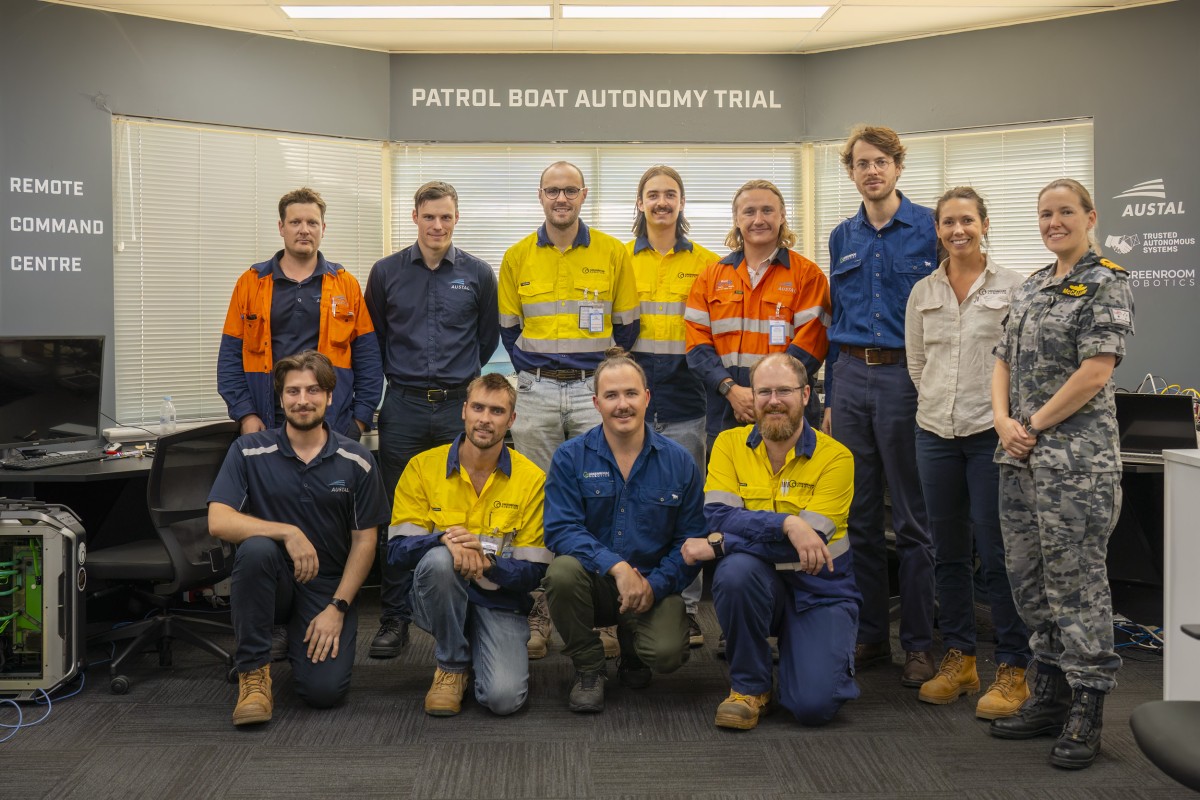 Image showing the PBAT team (Greenroom Robotics, Austal Australia, RAN WIN Branch) following successful delivery of the Sea Acceptance Trials